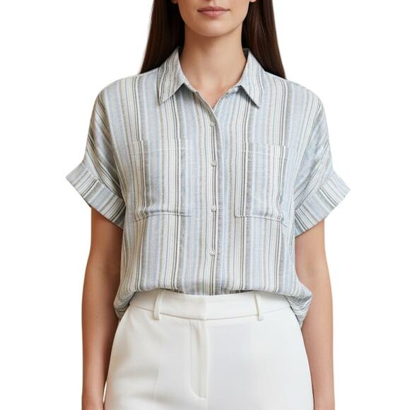 OAT Short Sleeve Blue Gray Striped Button Up Cotton Shirt Women’s Large NWT - Picture 1 of 8